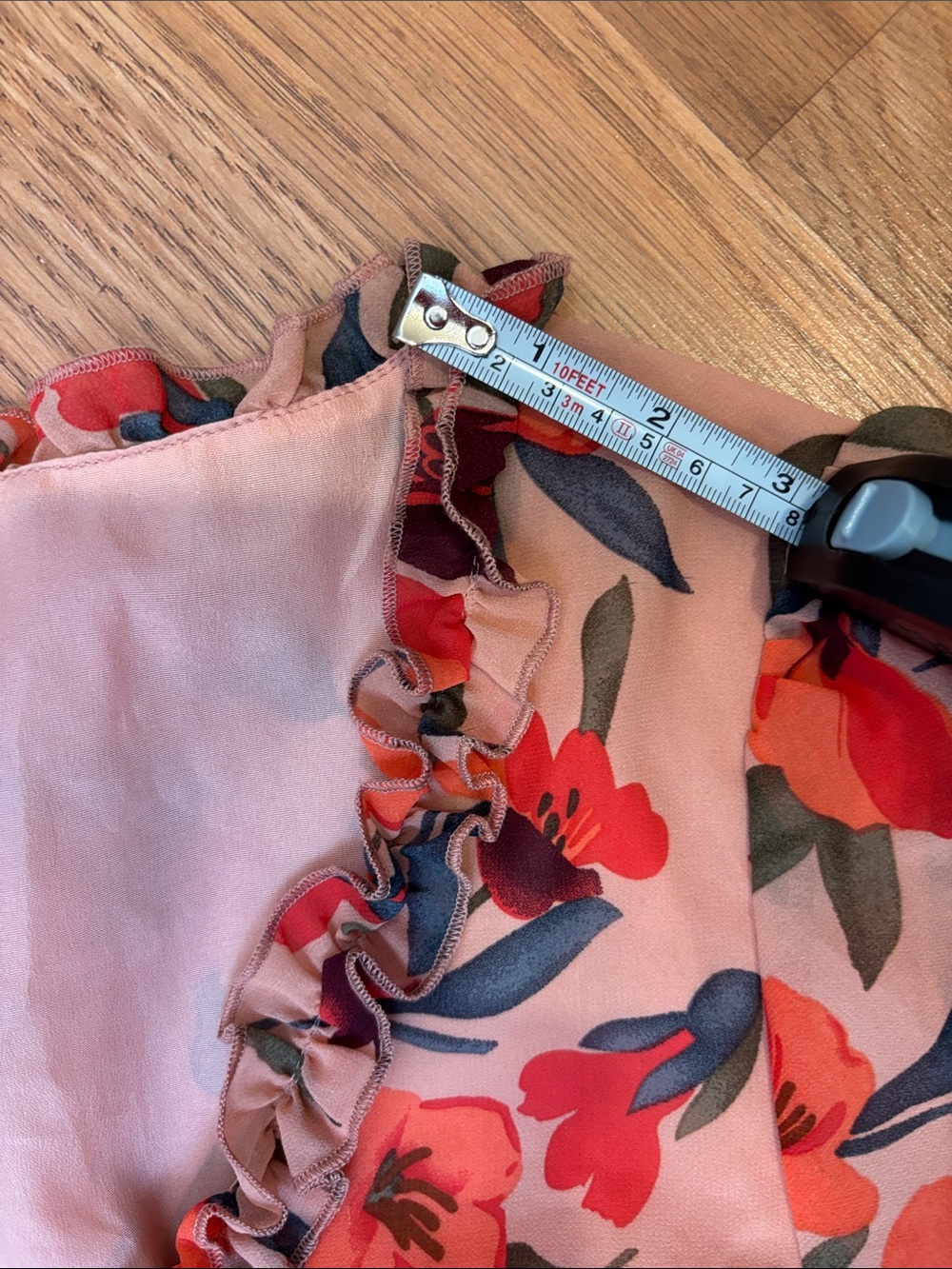 Elegant peach and coral pink burgundy floral ruffle maxi dress. Size M. - Picture 17 of 17